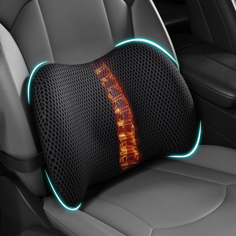 BYMECOST Lumbar Support Pillow for Car, Memory Foam Car Seat Back Support Pillow for Driving, Back Cushion with Strap for Pain Relief, Ergonomic Back Cushion for Office Chair, Wheelchair (Black) - Image 1