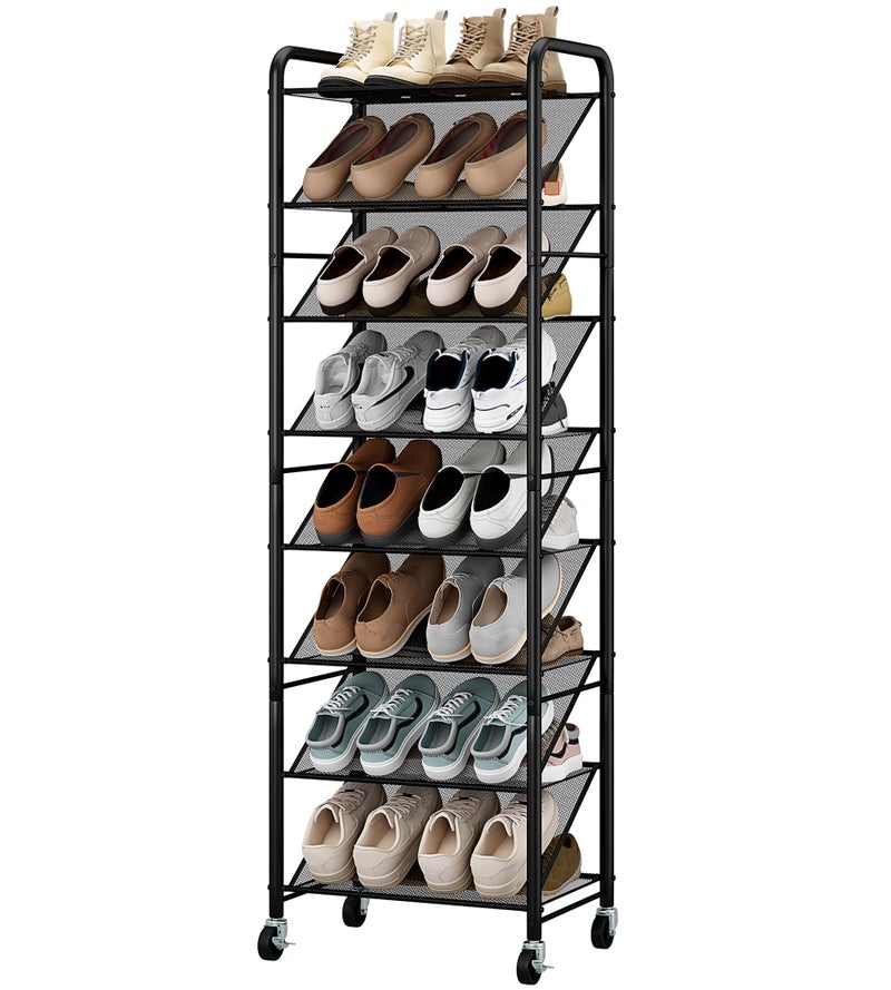 STO STO 8-Tier Narrow Shoe Rack with Lockable Wheels, Double-Sided Vinyl Mesh Shelf Shoe Organizer for Up to 30 Pairs, Slim Space Saving Metal Rolling Shoe Storage for Entryway, Closet, Hallway - Image 1
