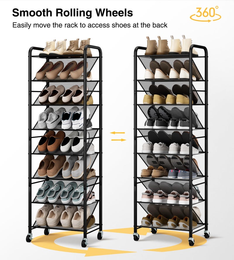 STO STO 8-Tier Narrow Shoe Rack with Lockable Wheels, Double-Sided Vinyl Mesh Shelf Shoe Organizer for Up to 30 Pairs, Slim Space Saving Metal Rolling Shoe Storage for Entryway, Closet, Hallway - Image 4