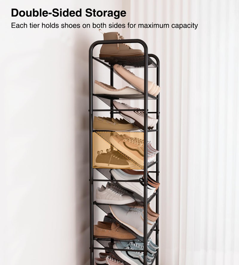 STO STO 8-Tier Narrow Shoe Rack with Lockable Wheels, Double-Sided Vinyl Mesh Shelf Shoe Organizer for Up to 30 Pairs, Slim Space Saving Metal Rolling Shoe Storage for Entryway, Closet, Hallway - Image 3