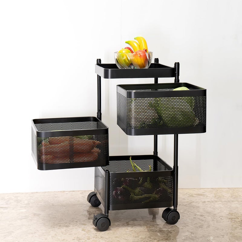 Kitchenwell MultiPurpose Trolley Storage Organizer and Kitchen Accessories Items for Kitchen Storage Rack Square Design Fruits Vegetable Onion Cutlery Matt Black 3 Layer Drawer - Image 4