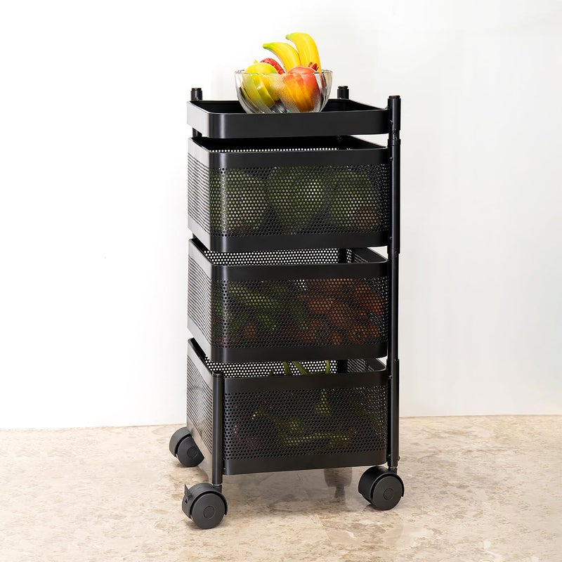 Kitchenwell MultiPurpose Trolley Storage Organizer and Kitchen Accessories Items for Kitchen Storage Rack Square Design Fruits Vegetable Onion Cutlery Matt Black 3 Layer Drawer - Image 5