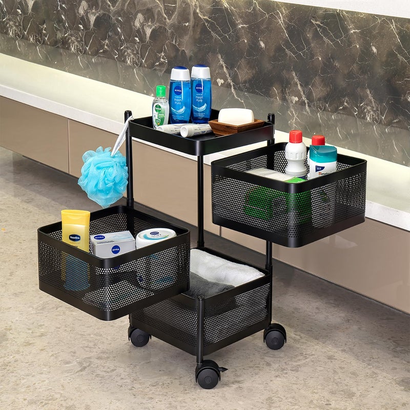 Kitchenwell MultiPurpose Trolley Storage Organizer and Kitchen Accessories Items for Kitchen Storage Rack Square Design Fruits Vegetable Onion Cutlery Matt Black 3 Layer Drawer - Image 1