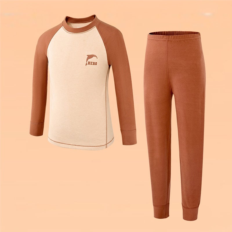 Teenagers Warm Suit Big Children Yang Velvet Double-Sided Sanding Autumn Clothes Autumn Trousers Home Base Shirt Monochrome Printing - Image 1
