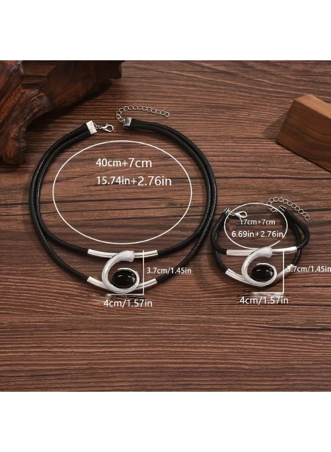 MAGNISHAN Elegant Women Jewelry Set Necklace and Bracelet Black Cord Alloy Fashion Gift - Image 2