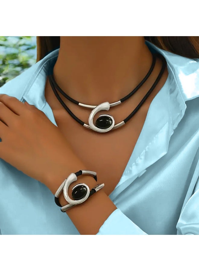 MAGNISHAN Elegant Women Jewelry Set Necklace and Bracelet Black Cord Alloy Fashion Gift - Image 3