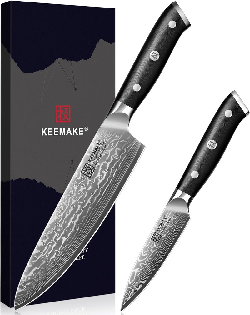 KEEMAKE Damascus Kitchen Knife Set 2 PCS, Ultra Sharp 67 Layer Damascus Steel Chef Knife and Paring Knife, Knives Set for Kitchen with G10 Non-slip Handle for Meat Vegetable Fruit - Image 1