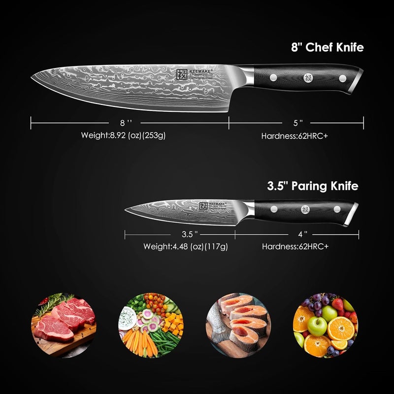 KEEMAKE Damascus Kitchen Knife Set 2 PCS, Ultra Sharp 67 Layer Damascus Steel Chef Knife and Paring Knife, Knives Set for Kitchen with G10 Non-slip Handle for Meat Vegetable Fruit - Image 2