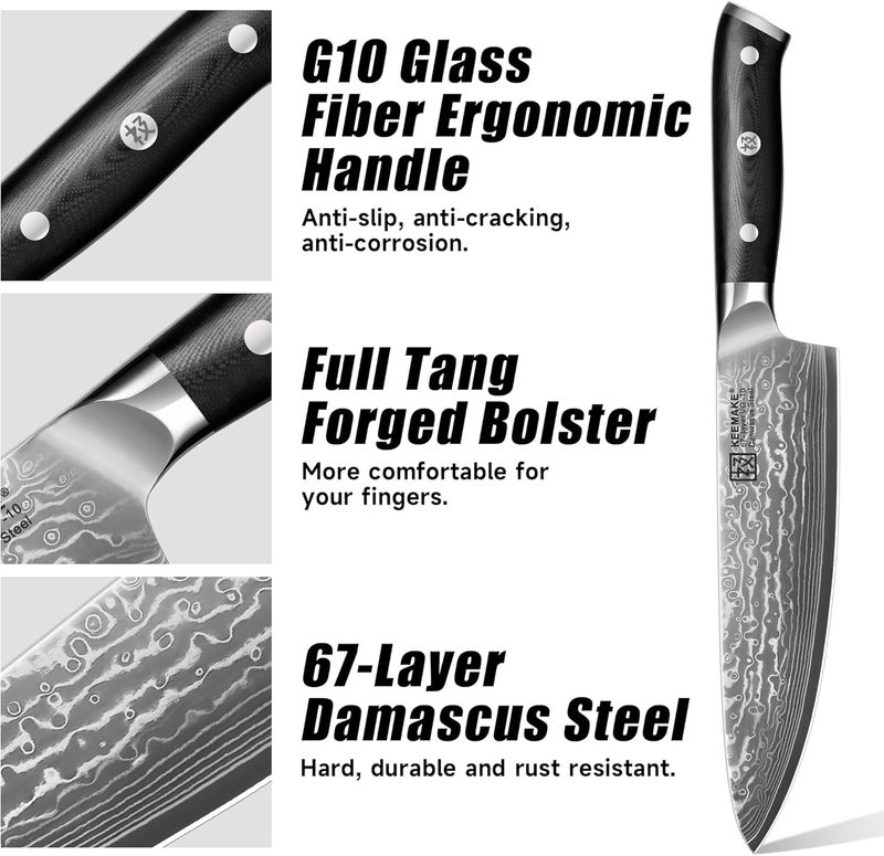 KEEMAKE Damascus Kitchen Knife Set 2 PCS, Ultra Sharp 67 Layer Damascus Steel Chef Knife and Paring Knife, Knives Set for Kitchen with G10 Non-slip Handle for Meat Vegetable Fruit - Image 5