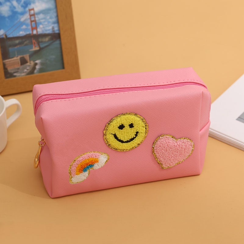 New Smiley Embroidered Towel Makeup Bag for WomenRainbow Smiling Sakura Powder Rainbow Smiling Sakura Powder