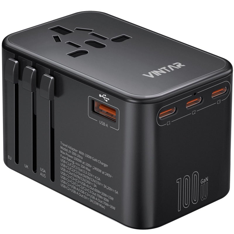 Universal Travel Adapter 100W GaN International Power Adapter with 3 USB C PD and 1 USB A QC All in One Plug Adapter Travel Adapter Worldwide for EUUKUSAAUSType CGAI