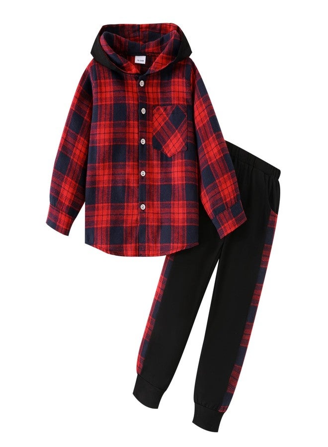 ODIMAME 4T Toddler Clothes for Boys Fall Winter Outfits Plaid Pocket Hoodie Sweatshirt + Long Sleeve Pants Set Dark Red 4-5 Years Old - Image 1