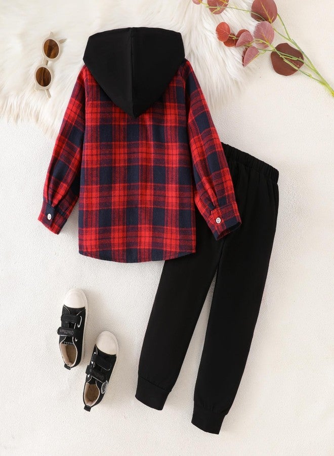 ODIMAME 4T Toddler Clothes for Boys Fall Winter Outfits Plaid Pocket Hoodie Sweatshirt + Long Sleeve Pants Set Dark Red 4-5 Years Old - Image 3