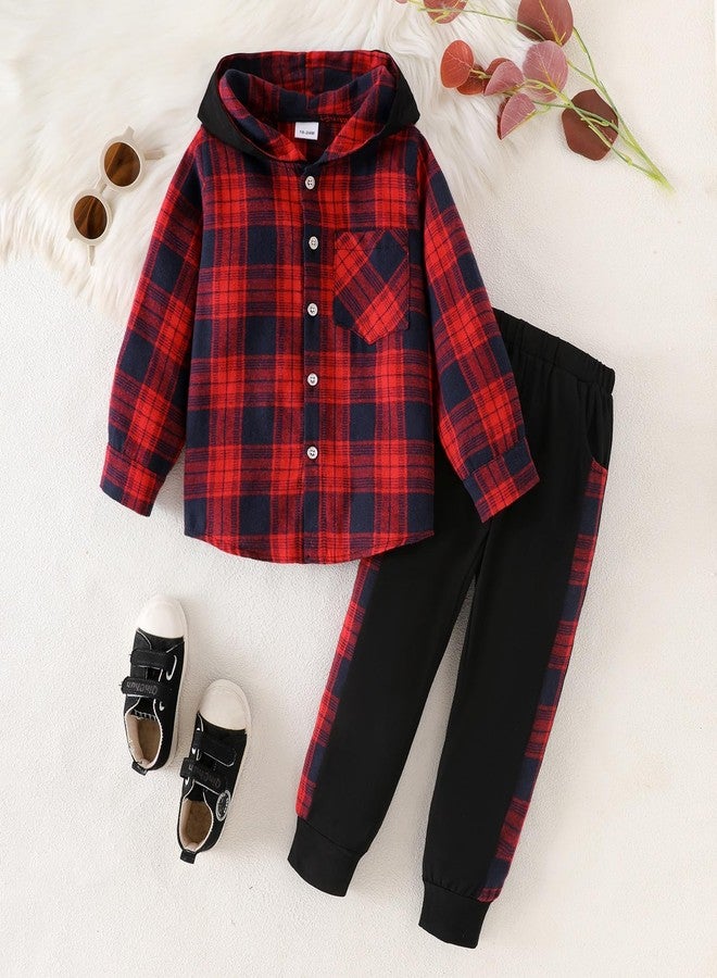 ODIMAME 4T Toddler Clothes for Boys Fall Winter Outfits Plaid Pocket Hoodie Sweatshirt + Long Sleeve Pants Set Dark Red 4-5 Years Old - Image 2