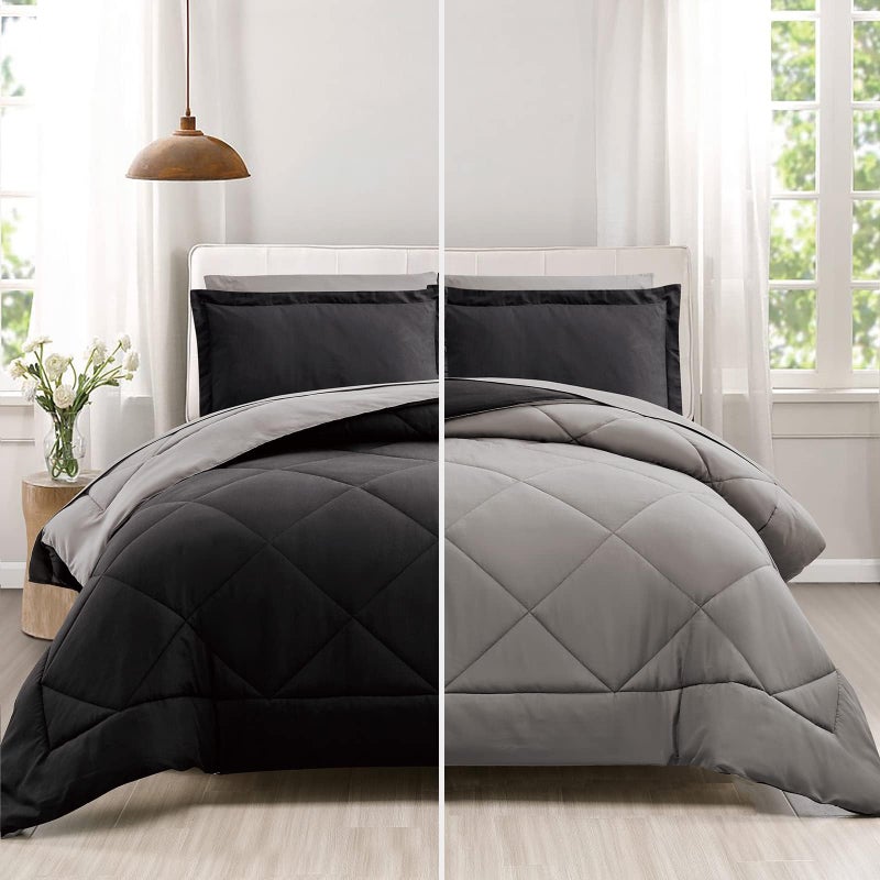 Furnishh Queen Comforter Set 7 Pieces Bed in a Bag FullQueen Reversible Bed Set with Comforter Flat Sheet Fitted Sheet Pillowcases Shams Black and Grey Bedding Sets for Queen Size Bed