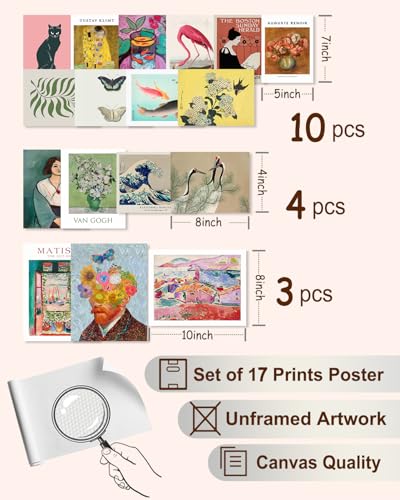 KBKBART Set of 17 Eclectic Wall Art Prints Colorful Maximalist Wall Decor Canvas Boho Gallery Prints Collage Vintage Famous Artists Painting Pictures Aesthetic Poster for Funky Room Decor Eclectic Home Decor for Bedroom Dorm Unframed - Image 3