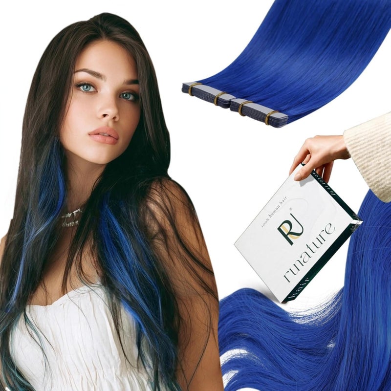 Human Hair Extensions Tape in Blue Remy Hair 18 Inch Blue Hair Extensions Tape in Straight Real Tape in Hair Extensions Human Hair for Highlight Cosplay Party 25g10pcs