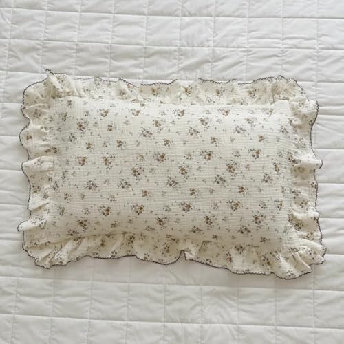 BuLuTu Cotton Muslin Pillow Case King Pillowcase Sweet Floral Design Pillowcases Enveloped Closure Vintage Ruffled Pillow Cover for Teens Adults 20x36 inch 1 Piece Crapemyrtle - Image 1