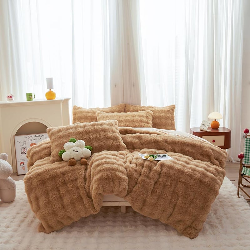 chovy طقم لحاف تشوفي كوفي كوفي رابيت من الفرو الصناعي الناعم بنقشة شبكة الخبز، مقاس مزدوج/كامل - طقم سرير من 3 قطع، دافئ للغاية، ناعم، لطيف على البشرة، مصنوع من الفلانيل المخملي، رقيق وناعم (لحاف × 1، غطاء وسادة × 2) - Image 1