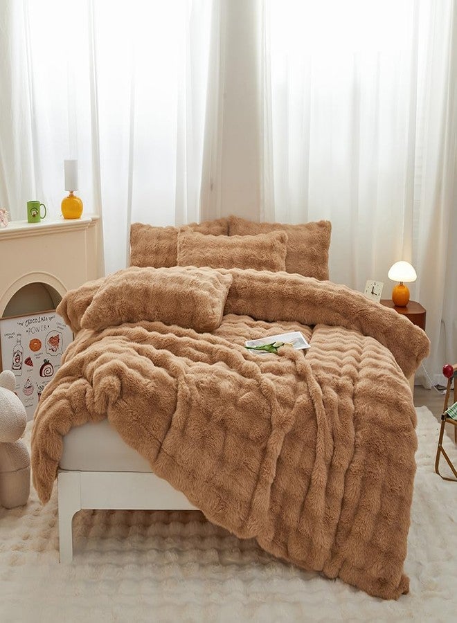 chovy طقم لحاف تشوفي كوفي كوفي رابيت من الفرو الصناعي الناعم بنقشة شبكة الخبز، مقاس مزدوج/كامل - طقم سرير من 3 قطع، دافئ للغاية، ناعم، لطيف على البشرة، مصنوع من الفلانيل المخملي، رقيق وناعم (لحاف × 1، غطاء وسادة × 2) - Image 5
