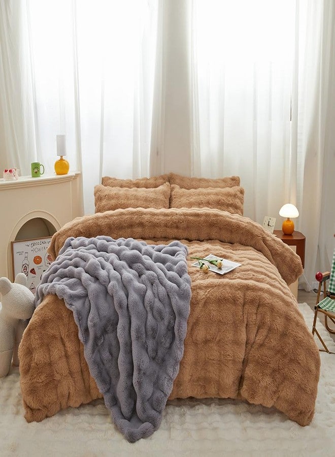 chovy طقم لحاف تشوفي كوفي كوفي رابيت من الفرو الصناعي الناعم بنقشة شبكة الخبز، مقاس مزدوج/كامل - طقم سرير من 3 قطع، دافئ للغاية، ناعم، لطيف على البشرة، مصنوع من الفلانيل المخملي، رقيق وناعم (لحاف × 1، غطاء وسادة × 2) - Image 4