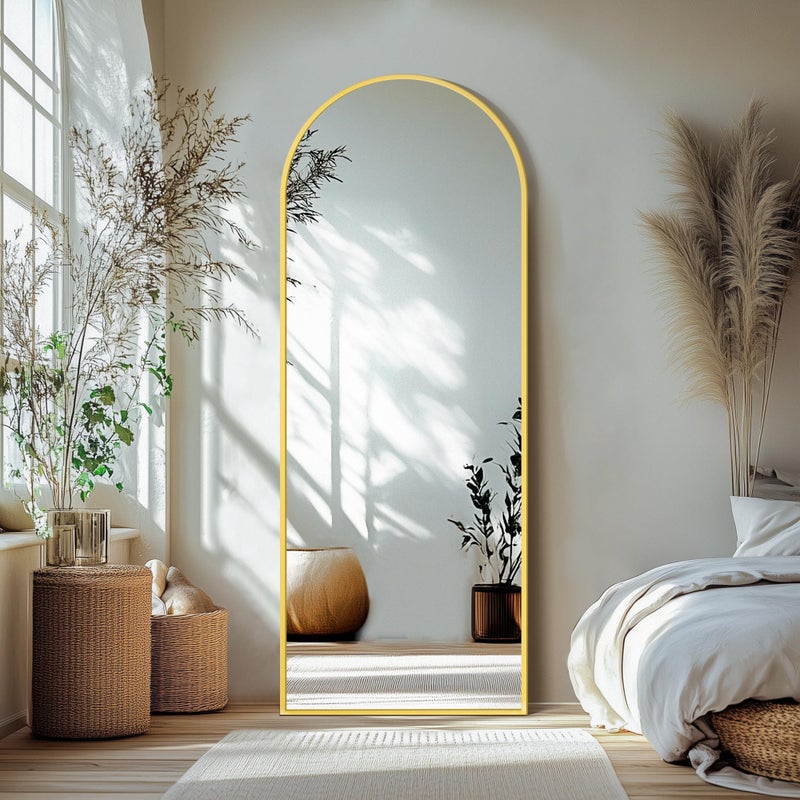 Delma Wall Mirror Full Length, Standing Floor Mirror for Bedroom Bathroom Living Room with Aluminium Frame (with Stand, Arch 69x24-Gold) - Image 1