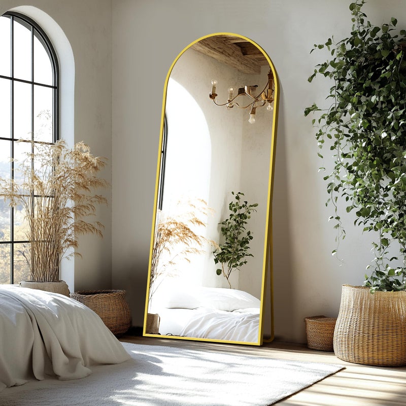 Delma Wall Mirror Full Length, Standing Floor Mirror for Bedroom Bathroom Living Room with Aluminium Frame (with Stand, Arch 69x24-Gold) - Image 4