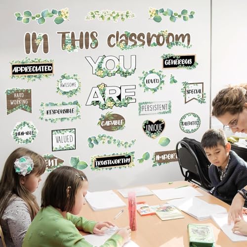 VABAMNA Bulletin Board Decorations, Eucalyptus Classroom Decor, 30Pcs Eucalyptus Positive Inspirational Affirmation Decor Greenery Classroom Decor for Teacher School Supplies Classroom Door Wall - Image 2