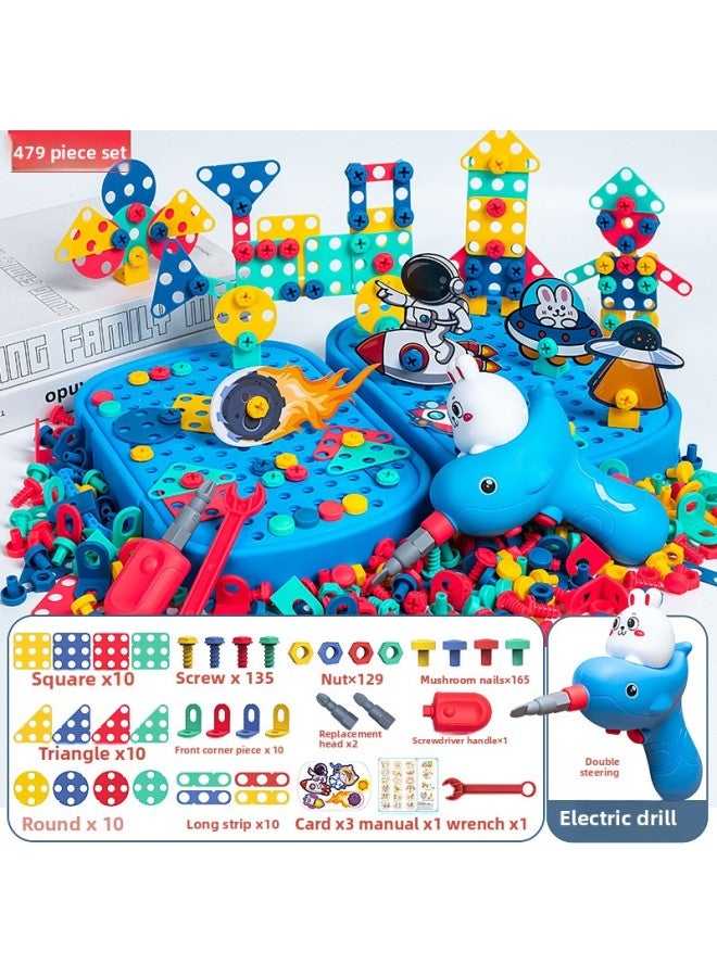 Diy Assembling Screw Tool Children's Electric Drill Screw Toy Dinosaur Set Box Puzzle Simulation Nut Combination-Color:[Blue] Universe Electric Drill 479 Piece Set [E-commerce Box]]  - Image 1
