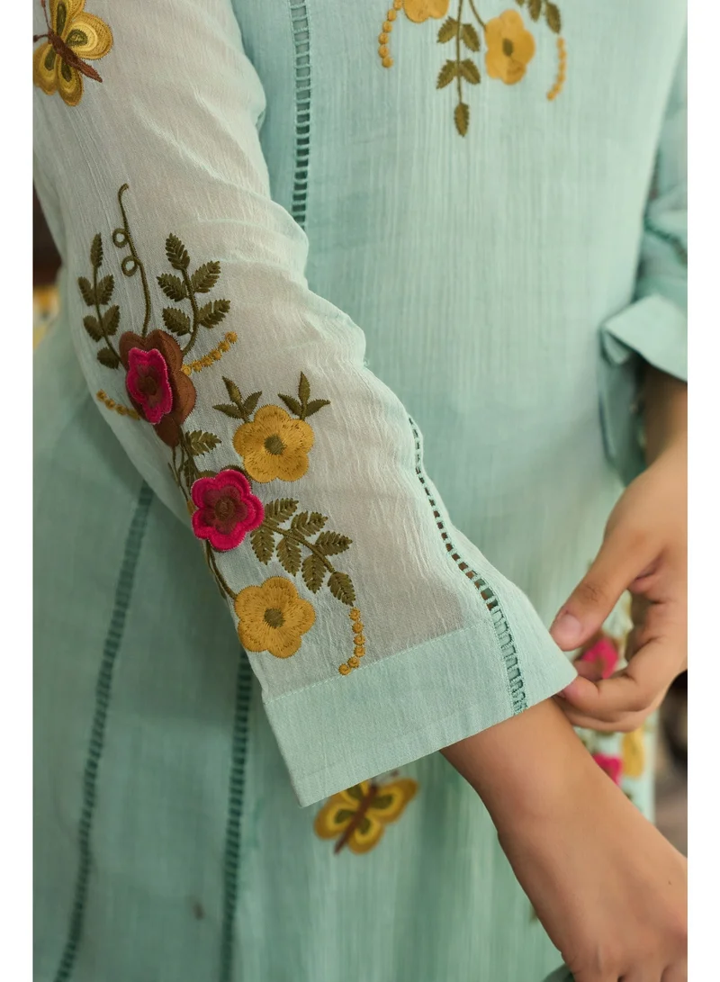 Priya’s Panache Light Green Women Crush Cotton Light Green Anarkali Kurta Set with Dupatta | Kurti Set Ladies Indian Ethnic Wear | Floral Embroidered 3 Piece Salwar Suit for Women for Women | Best Price UAE