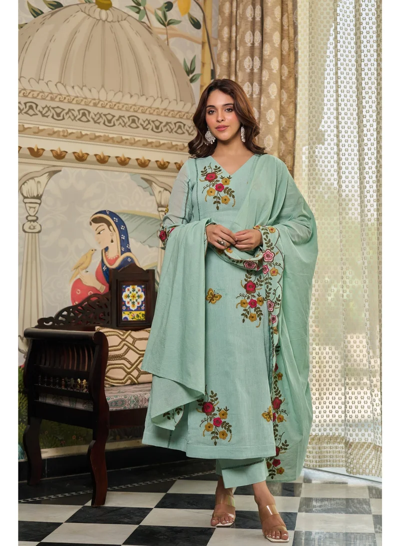Priya’s Panache Light Green Women Crush Cotton Light Green Anarkali Kurta Set with Dupatta | Kurti Set Ladies Indian Ethnic Wear | Floral Embroidered 3 Piece Salwar Suit for Women for Women | Best Price UAE