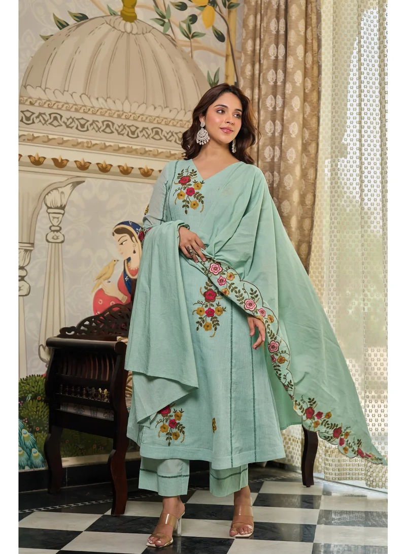 Priya’s Panache Light Green Women Crush Cotton Light Green Anarkali Kurta Set with Dupatta | Kurti Set Ladies Indian Ethnic Wear | Floral Embroidered 3 Piece Salwar Suit for Women for Women | Best Price UAE