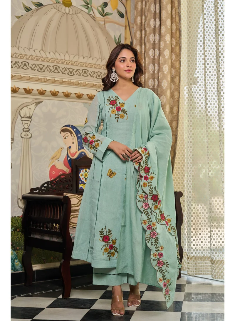 Priya’s Panache Light Green Women Crush Cotton Light Green Anarkali Kurta Set with Dupatta | Kurti Set Ladies Indian Ethnic Wear | Floral Embroidered 3 Piece Salwar Suit for Women for Women | Best Price UAE