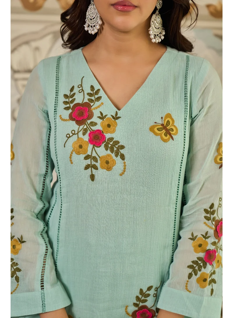 Priya’s Panache Light Green Women Crush Cotton Light Green Anarkali Kurta Set with Dupatta | Kurti Set Ladies Indian Ethnic Wear | Floral Embroidered 3 Piece Salwar Suit for Women for Women | Best Price UAE