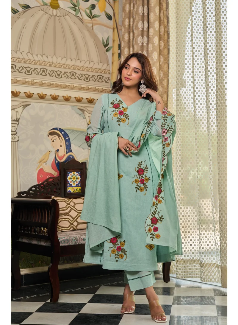 Priya’s Panache Light Green Women Crush Cotton Light Green Anarkali Kurta Set with Dupatta | Kurti Set Ladies Indian Ethnic Wear | Floral Embroidered 3 Piece Salwar Suit for Women for Women | Best Price UAE