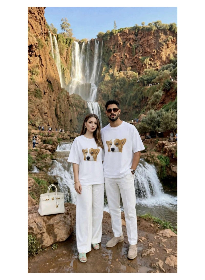 Unisex Casual Crew Neck Short Sleeve T-Shirt with Funny Dog Graphic Print - White - Image 3