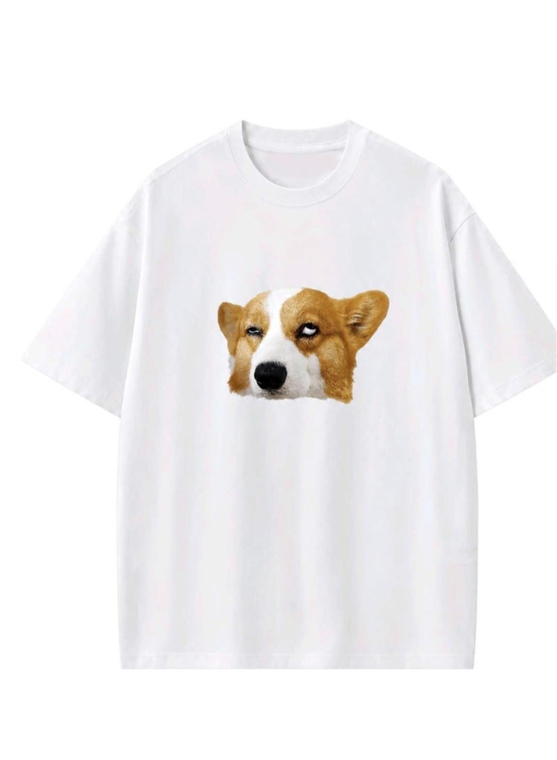 Unisex Casual Crew Neck Short Sleeve T-Shirt with Funny Dog Graphic Print - White - Image 1