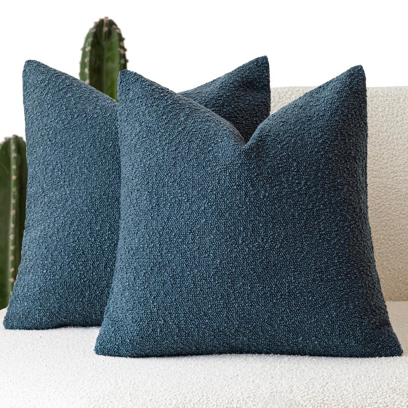 Foindtower Pack of 2 Modern Textured Boucle Throw Pillow Covers Accent Solid Decorative Pillow Cases Cozy Woven Couch Cushion Case for Chair Sofa Bedroom Living Room Home Decor 20 x 20 InchBlue