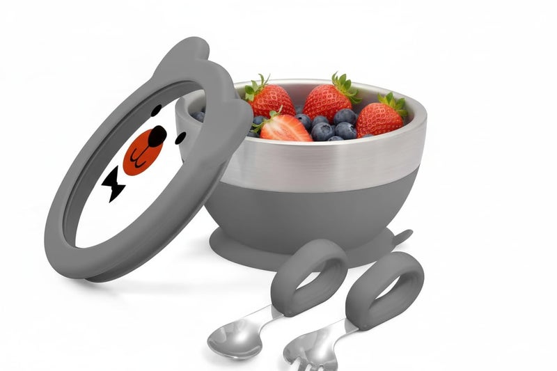 EVVIX Baby Suction Bowl Set with Lid, Spoon & Fork | Stainless Steel Double Layer Baby Feeding Bowl | Non-Slip Suction Base, Heat Resistant, Toddler Weaning Bowl for Self Feeding - Image 1