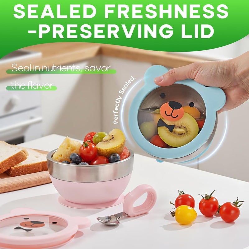 EVVIX Baby Suction Bowl Set with Lid, Spoon & Fork | Stainless Steel Double Layer Baby Feeding Bowl | Non-Slip Suction Base, Heat Resistant, Toddler Weaning Bowl for Self Feeding - Image 3