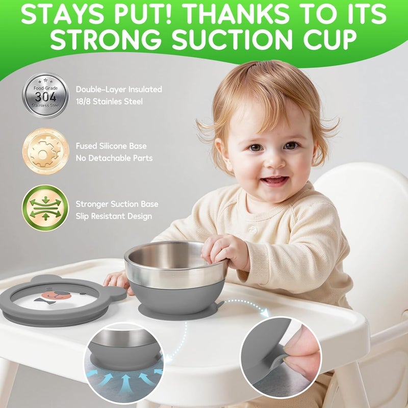 EVVIX Baby Suction Bowl Set with Lid, Spoon & Fork | Stainless Steel Double Layer Baby Feeding Bowl | Non-Slip Suction Base, Heat Resistant, Toddler Weaning Bowl for Self Feeding - Image 2