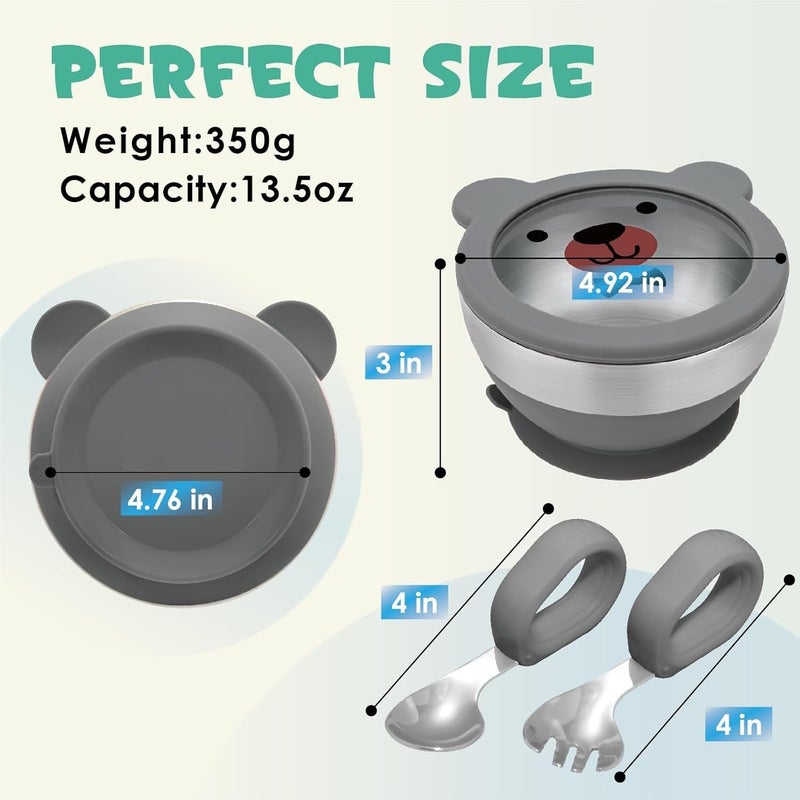 EVVIX Baby Suction Bowl Set with Lid, Spoon & Fork | Stainless Steel Double Layer Baby Feeding Bowl | Non-Slip Suction Base, Heat Resistant, Toddler Weaning Bowl for Self Feeding - Image 4