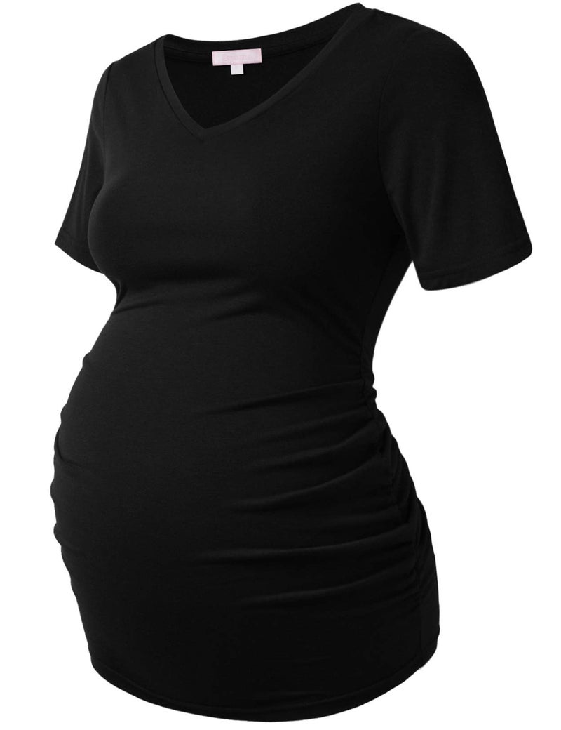 Bhome Maternity T Shirt Short Sleeve Shirts Vneck Tshirt Side Ruched Tee Top Black M