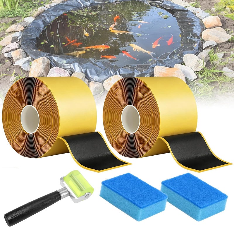 Froidesente 2Pcs Pond Liner Seam Tape, 3" x 30' Double Sided Butyl Rubber Tape Kit, Waterproof Seam Tape & 2 Pcs Sponge & Roller, Self Adhesive Patch Repair Tape for EPDM, HDPE Pond Liners Roof Deck RV - Image 1