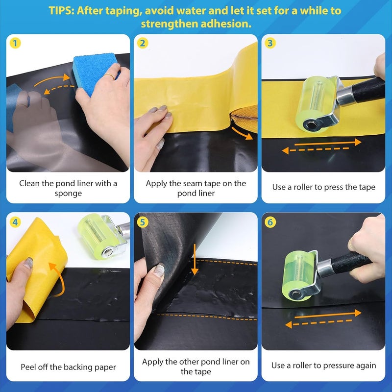 Froidesente 2Pcs Pond Liner Seam Tape, 3" x 30' Double Sided Butyl Rubber Tape Kit, Waterproof Seam Tape & 2 Pcs Sponge & Roller, Self Adhesive Patch Repair Tape for EPDM, HDPE Pond Liners Roof Deck RV - Image 5