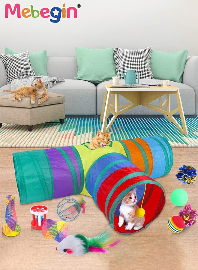 MEBEGIN 21PCS Cat Tunnel Set with Cat Teaser Stick, Cat Balls, Feather Toys and Other Cat toys, 3 Way Collapsible Cat Play Tunnel, Funny Interactive Cat Toys, Various Cat Enrichment Toys, Soft Safe Cat Toys - Image 2