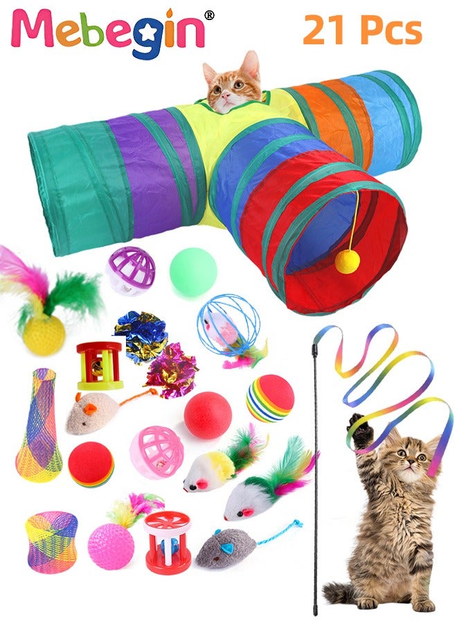 MEBEGIN 21PCS Cat Tunnel Set with Cat Teaser Stick, Cat Balls, Feather Toys and Other Cat toys, 3 Way Collapsible Cat Play Tunnel, Funny Interactive Cat Toys, Various Cat Enrichment Toys, Soft Safe Cat Toys - Image 1