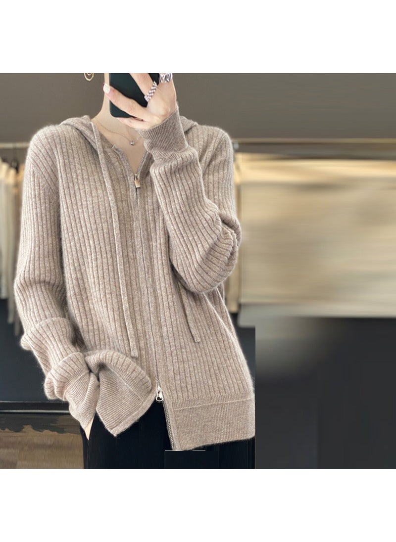 Generic - Spring New Slimming Knit Wool Hooded Cardigan Womens Solid Color Sweater Jacket Double Zip Wool Knit Hooded Sweatshirt Camel - Image 1