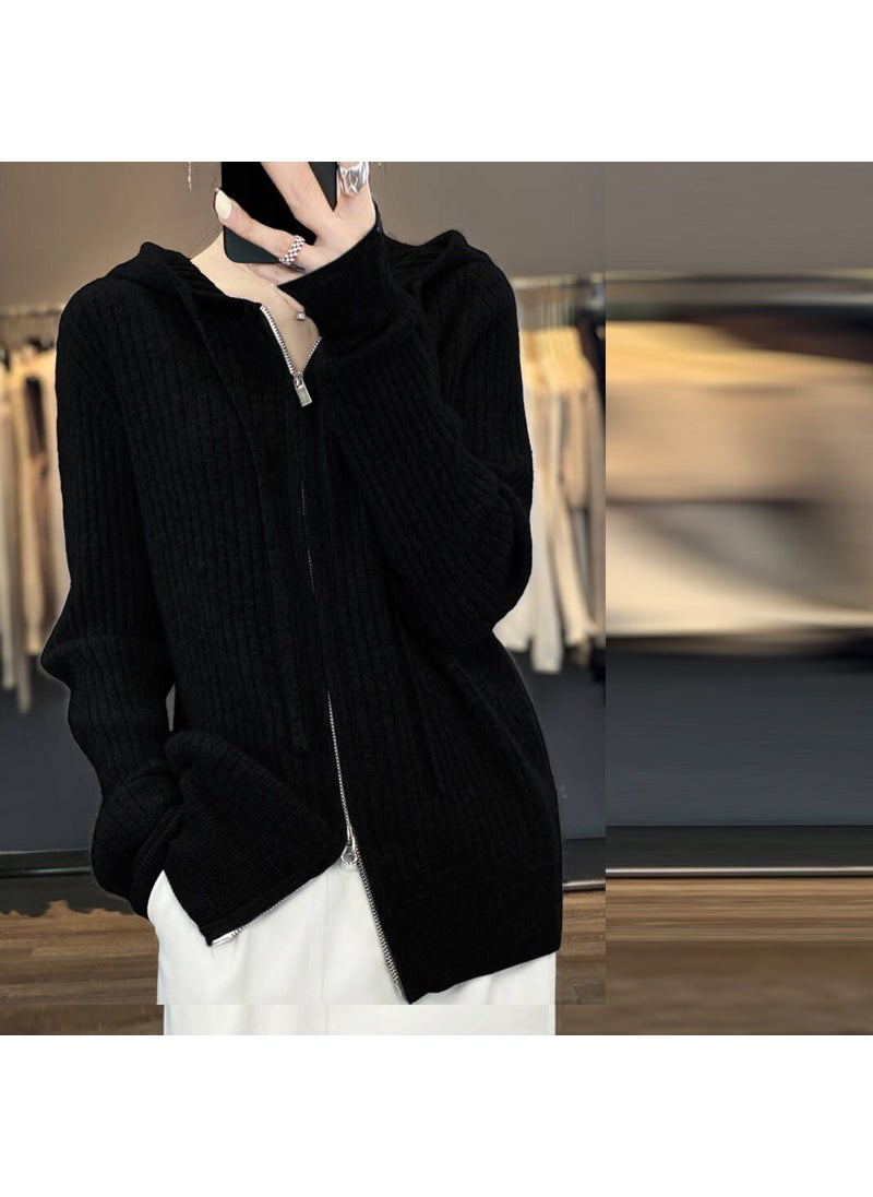 Generic - Spring New Slimming Knit Wool Hooded Cardigan Womens Solid Color Sweater Jacket Double Zip Wool Knit Hooded Sweatshirt Camel - Image 1