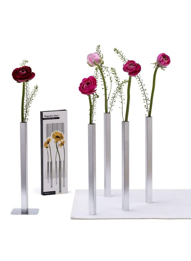 PELEG DESIGN Magnetic Flower Vase Unique And Modern Set Of 5 Silver Aluminum Vases For Home Garden Décor ; 9.4 X 0.6 X 0.6 Inches ; Suitable For Both Real And Artificial Flowers - Image 2
